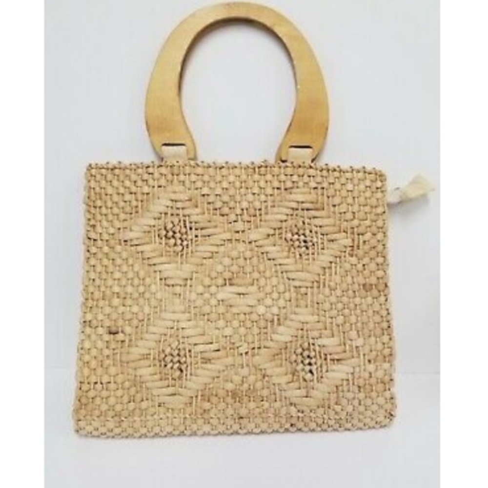 Vintage Square Wicker Purse  Round Wood Handles
